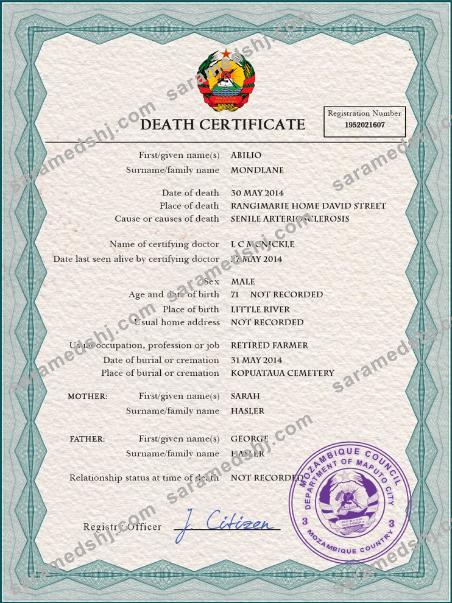 Mozambique vital record death certificate PSD template